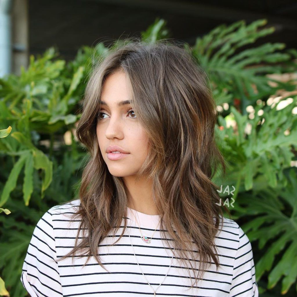 Undone Wavy Shag With Long Curtain Bangs And Soft Ash Brown Balayage With  Bronze Highlights – The Latest Hairstyles For Men And Women (2020) –  Hairstyleology Throughout Newest Long Brunette Shag With Subtle Highlights (Gallery 10 of 20)