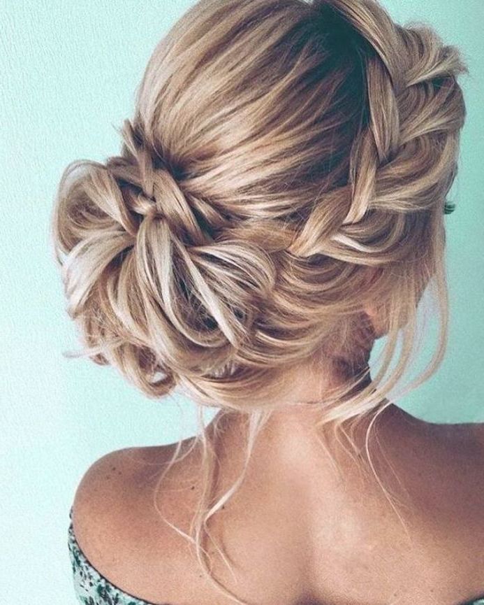 Wedding Hairstyle, Low Braided Updo, Blonde Hair With Highlights, Floral  Top, Gree… (View 5 of 15)
