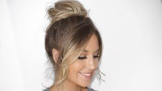 Well Known High Updo With Bangs Throughout Messy Bun Tutorial With Fringe/bangs Styling – Youtube (Gallery 8 of 15)
