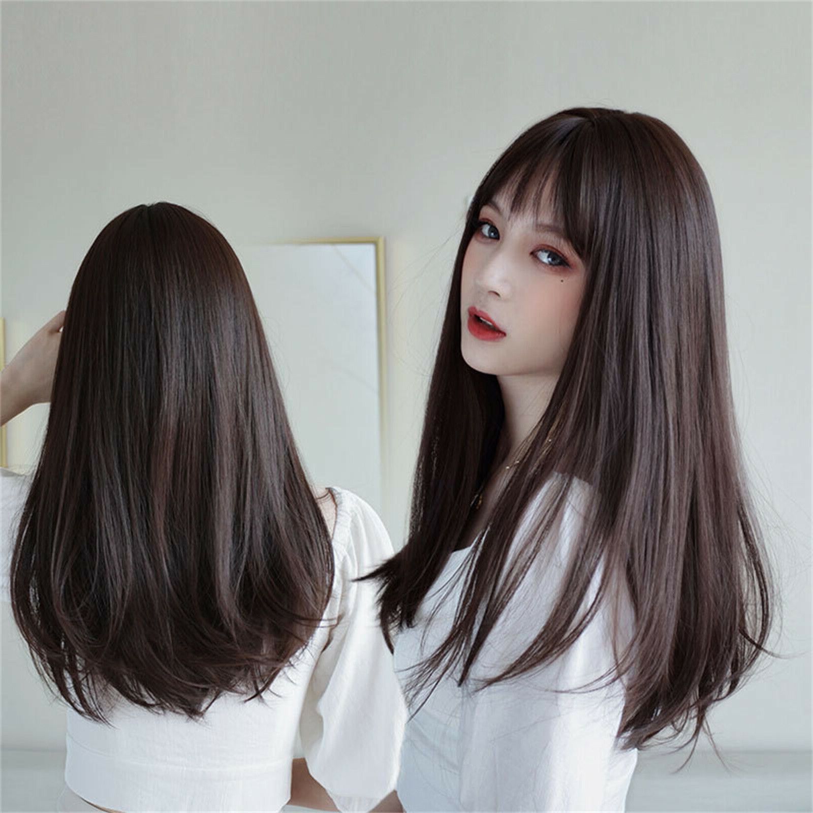 Women's Natural Mid Length Hair With Bangs Long Straight Hair Full  Headgear Wig (View 10 of 15)