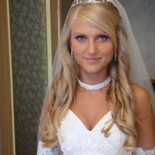 Side Curls Bridal Hairstyles With Tiara And Lace Veil (Photo 16 of 20)