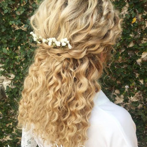 Golden Half Up Half Down Curls Bridal Hairstyles (Photo 2 of 20)