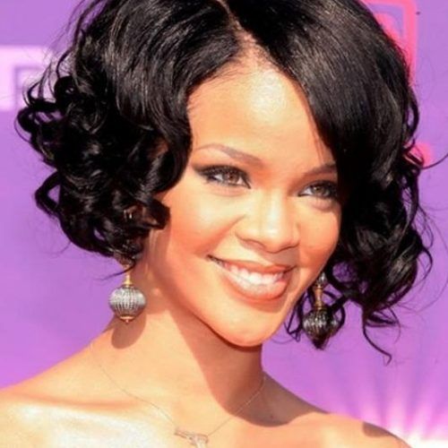 Rihanna Side Swept Big Curly Bob Hairstyles (Photo 3 of 15)