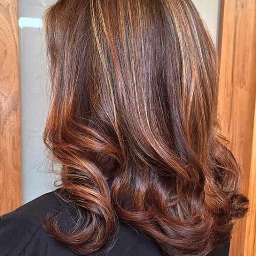 Medium Length Curls Hairstyles With Caramel Highlights (Photo 5 of 20)