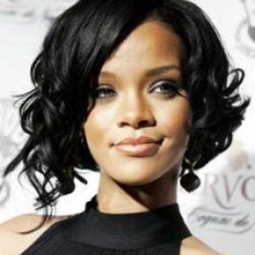 Rihanna Side Swept Big Curly Bob Hairstyles (Photo 5 of 15)