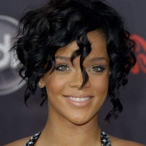 Rihanna Side Swept Big Curly Bob Hairstyles (Photo 7 of 15)