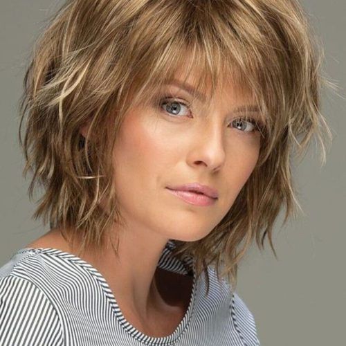 Tousled Shoulder Length Layered Hair With Bangs (Photo 15 of 15)
