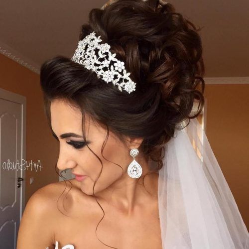 Side Curls Bridal Hairstyles With Tiara And Lace Veil (Photo 5 of 20)