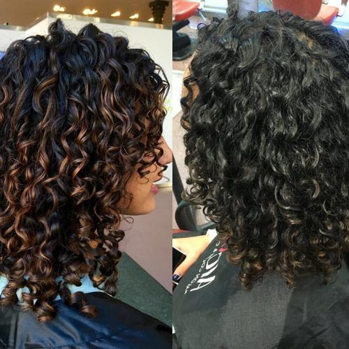 Painted Golden Highlights On Brunette Curls Hairstyles (Photo 8 of 20)