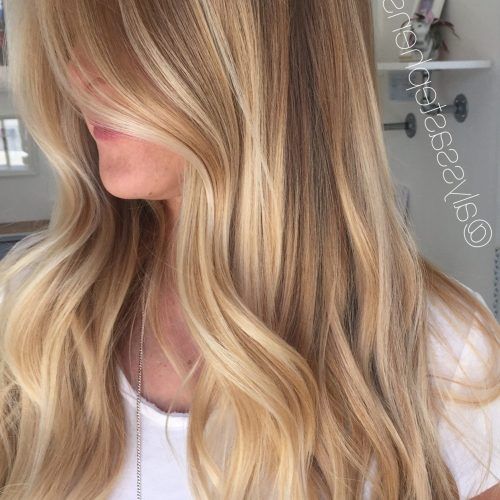 Golden Blonde Balayage On Long Curls Hairstyles (Photo 10 of 20)