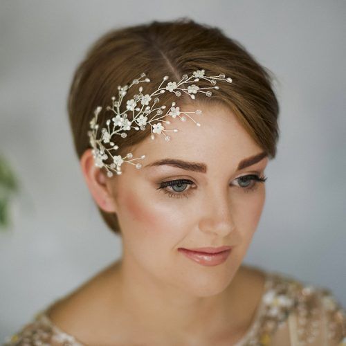 Flower Tiara With Short Wavy Hair For Brides (Photo 20 of 20)
