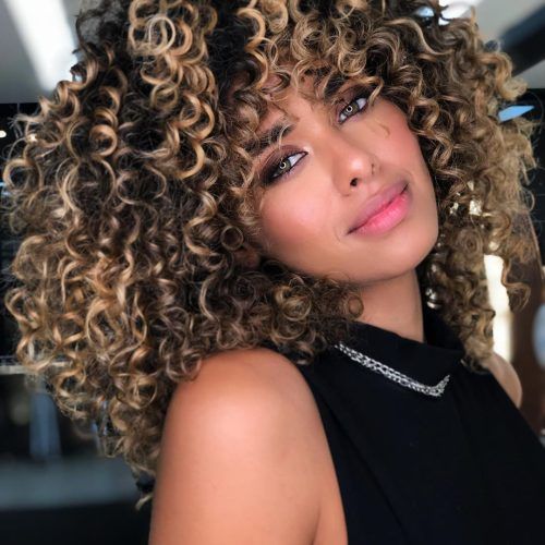 Medium Length Curls Hairstyles With Caramel Highlights (Photo 9 of 20)