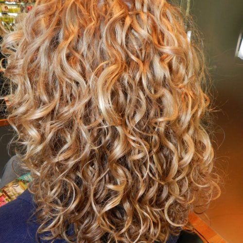 Medium Length Curls Hairstyles With Caramel Highlights (Photo 17 of 20)