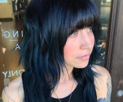 2024 Popular Blue Black Shag Haircuts with Arched Bangs