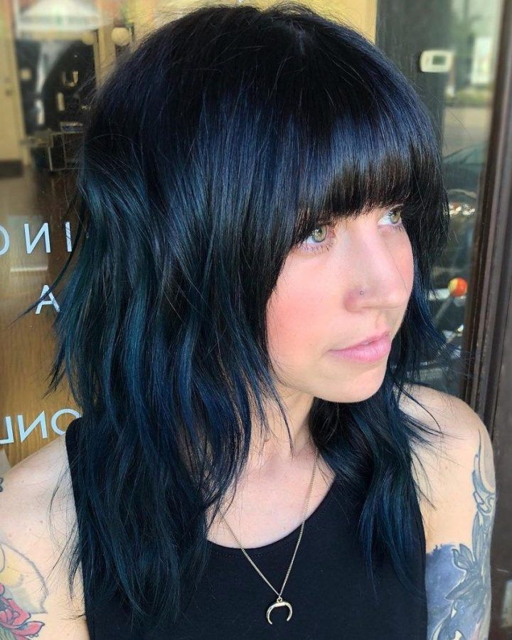 Blue Black Shag Haircuts with Arched Bangs