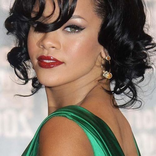 Rihanna Side Swept Big Curly Bob Hairstyles (Photo 2 of 15)